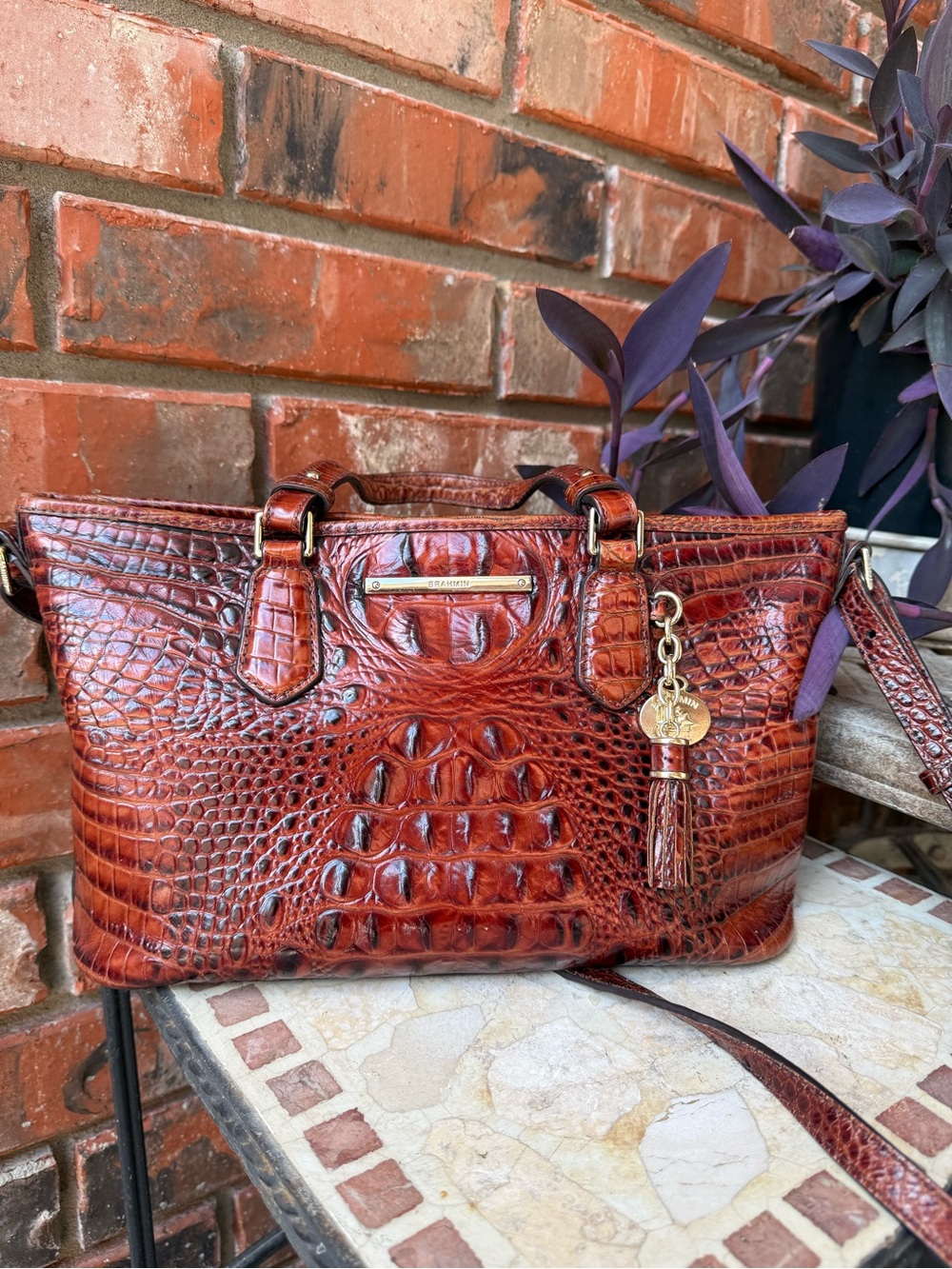 Brahmin Croc-Embossed Leather Crossbody/ Hand Bag in Rich Brown